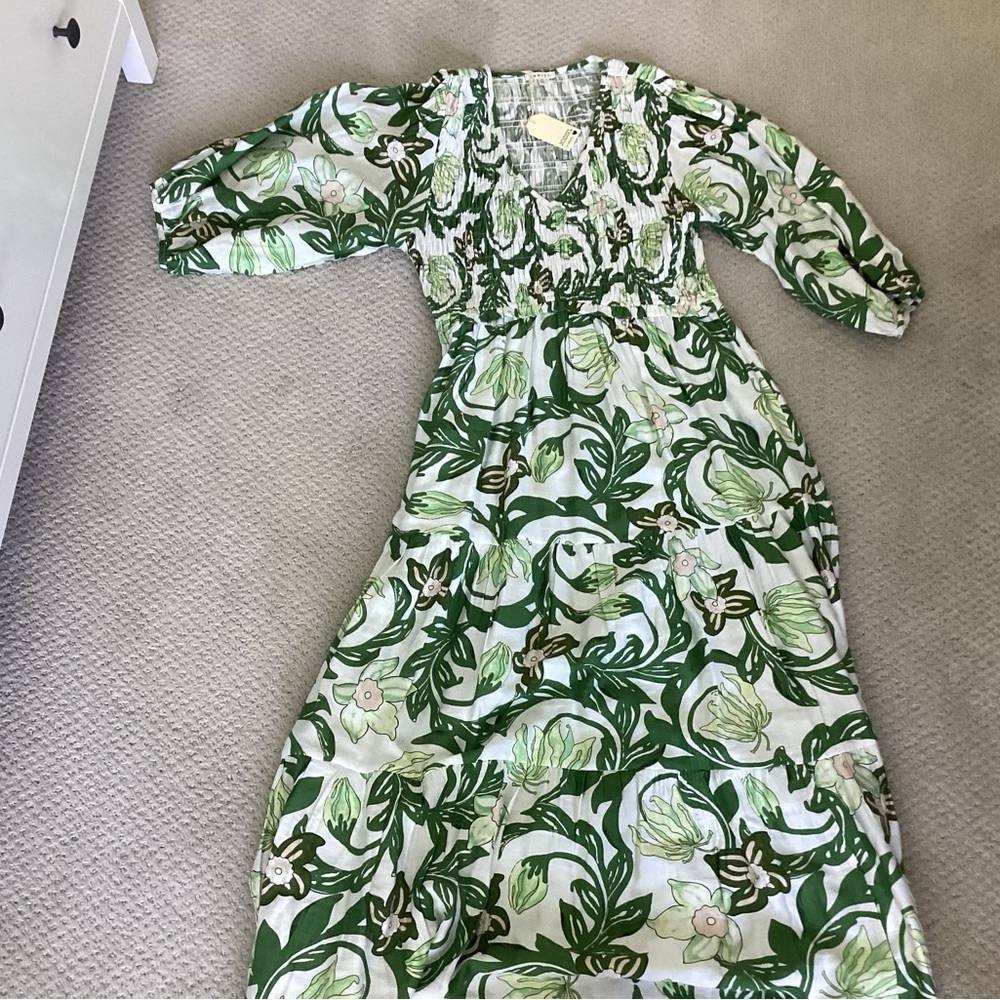 JODIFL White and Green Floral Maxi Dress with Smocked Bodice